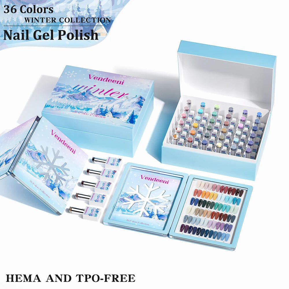 Vendeeni 36 Colors/Set High Pigment Winter Cyan Blue Gel Nail Polish TPO HEMA FREE Brown Purple UV LED Gel Varnish With Display