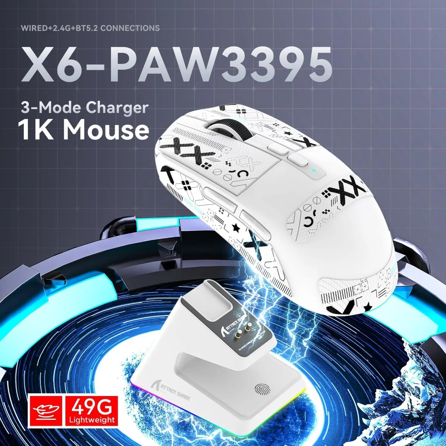 ATTACK SHARK X6 Lightweight Wireless Gaming Mouse with RGB Backlight Charging Base,Tri-Mode,26K DPI, PAW3395 Optical Sensor