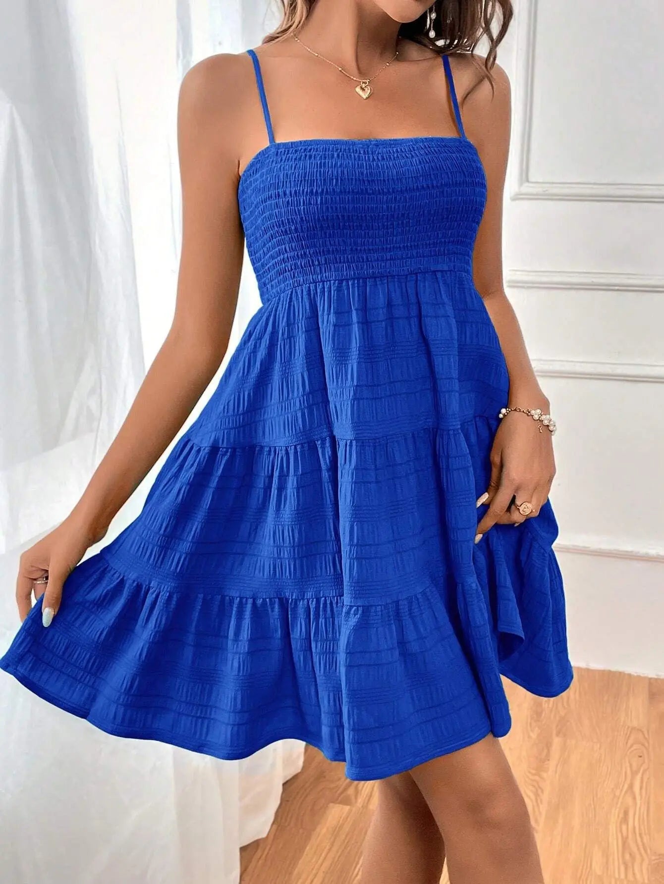 Women's Fashion Spaghetti Strap Smocked Bustier Mini Dress Blue Ruffled Tiered Swing Dress Summer Casual Vacation Beach Wear