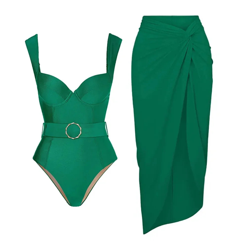 2024 Sexy Women's Swimsuit with Skirt One-Piece Swimwear Vintage Ruffle V Neck Cover Up Bikinis Set Beachwear Bathing Suit