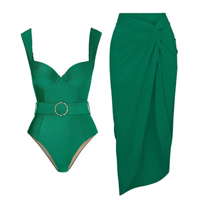2024 Sexy Women's Swimsuit with Skirt One-Piece Swimwear Vintage Ruffle V Neck Cover Up Bikinis Set Beachwear Bathing Suit