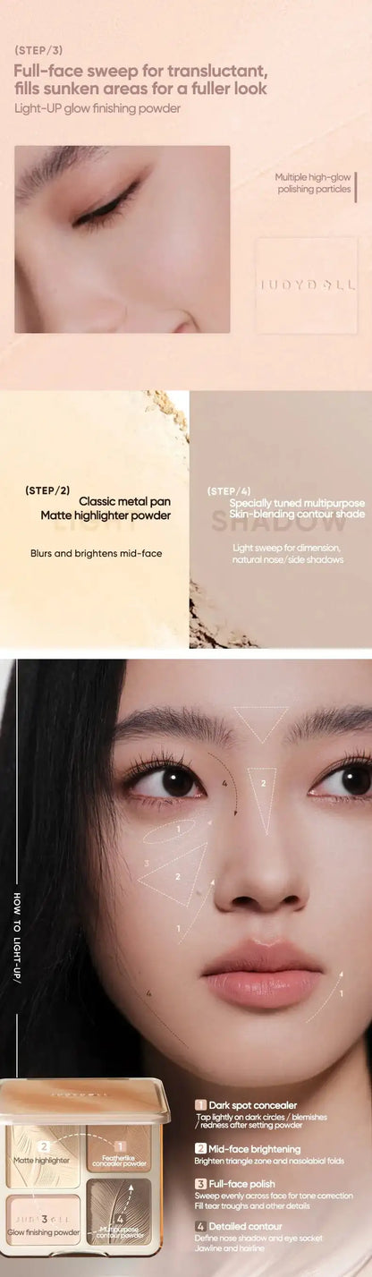 Judydoll Contour Palette, 2 In 1 Face Highlight Contour Palette, Shades with Highlighter Makeup, Non-greasy, Lasting Sparkling