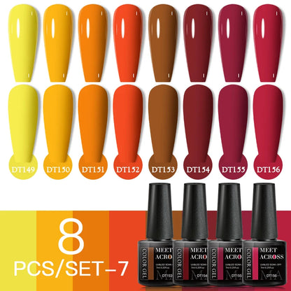 MEET ACROSS 8Pcs/Set Glitter Red Pink Orange Gel Nail Polish Semi Permanent Soak Off UV Gel Varnish Nail Art Manicure Kit
