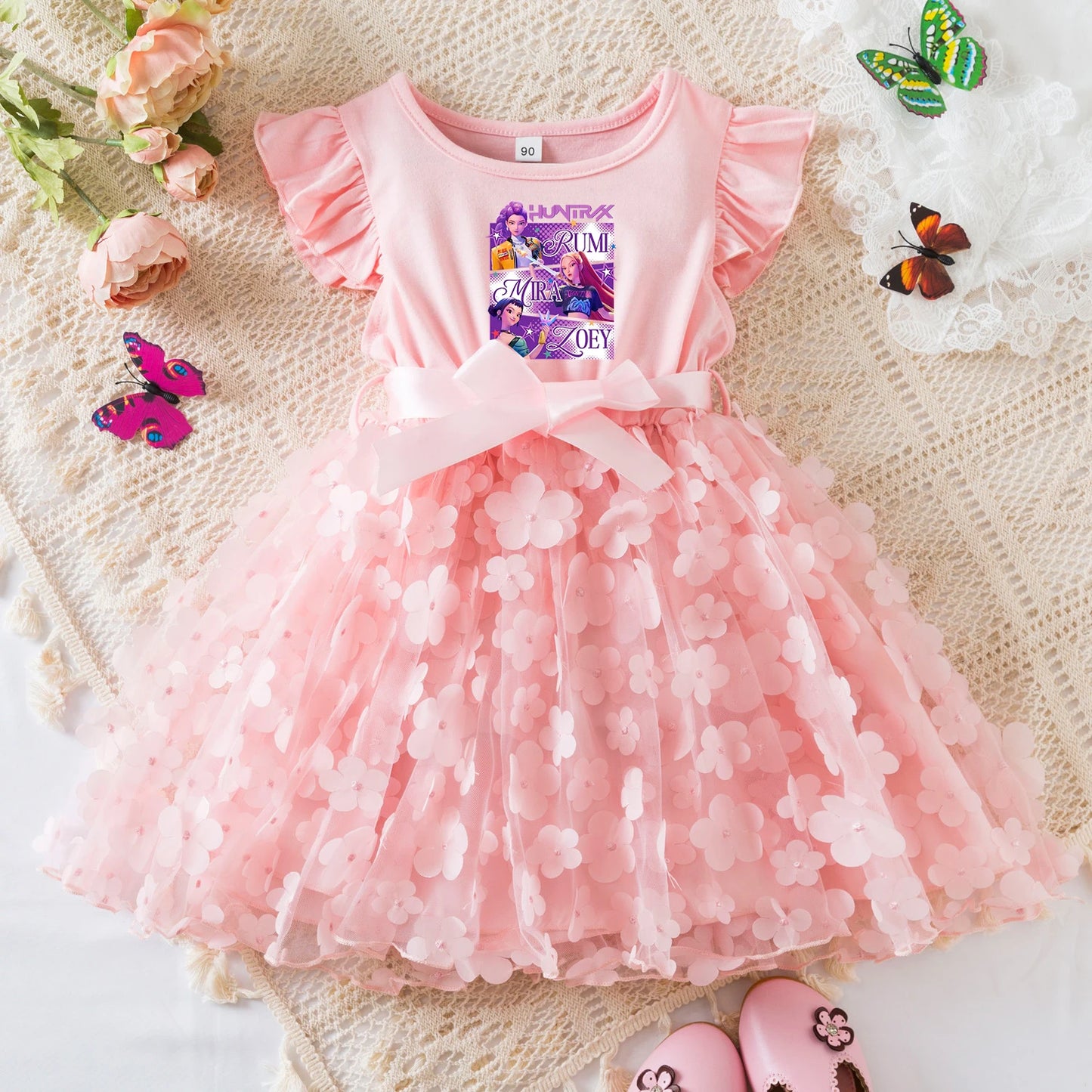 Girls' K-Pop Demon Hunters "Pink Blossom" Dress: 3D Flower Tutu & Idol Graphic Gown