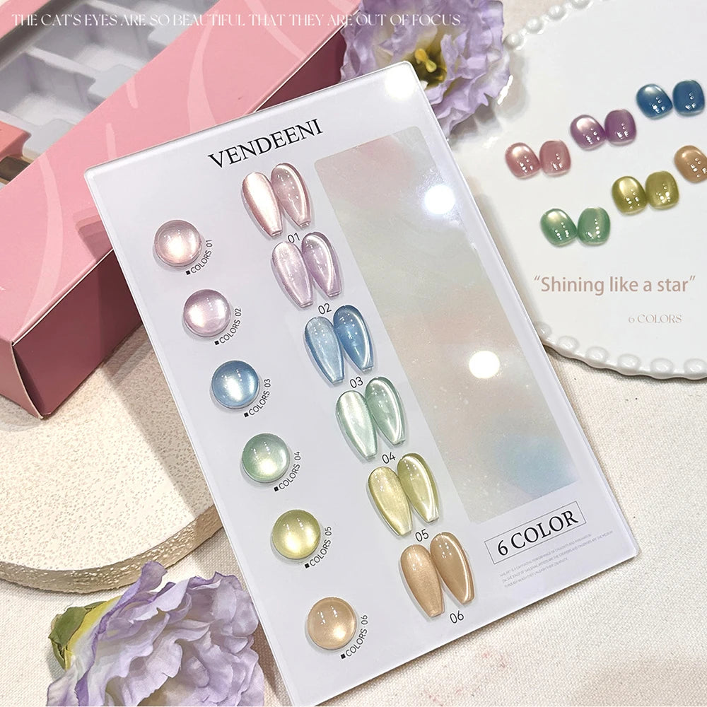 Vendeeni 6 Colors Crystal Cat Eye Gel Nail Polish Set Semi Permanent Sparkling Magnetic UV LED Soak Off Gel Varnish With Display