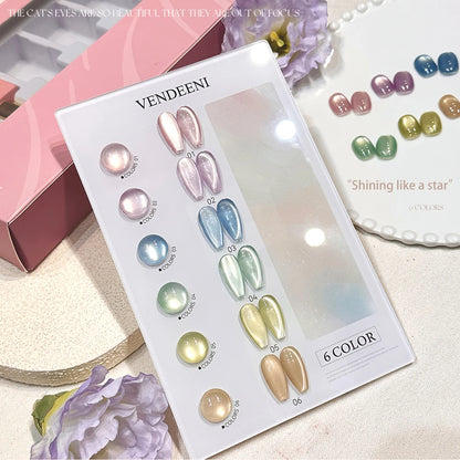 Vendeeni 6 Colors Crystal Cat Eye Gel Nail Polish Set Semi Permanent Sparkling Magnetic UV LED Soak Off Gel Varnish With Display