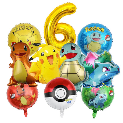 10pcs Cartoon Theme Party Balloon jump Pikachu Little Fire Dragon Jenny Turtle Foil Balloon Kids Birthday Party Decoration Gifts
