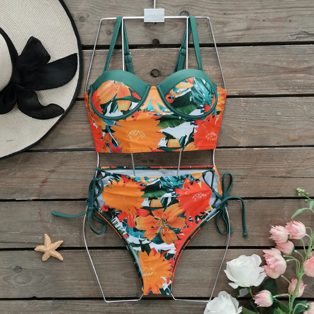 High Waist Swimwear 2025 New Leaf Print Bikinis Women Swimsuit Vintage Retro Bathing Suit Halter Biquini Maillot de bain femme