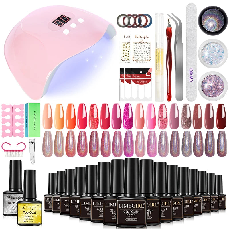 LIMEGIRL 8ML Gel Nail Polish Kit Semi-Permanent Soak Gel Varnish Base Coat Polishing Tool with UV LED Light Nail Gel Kit