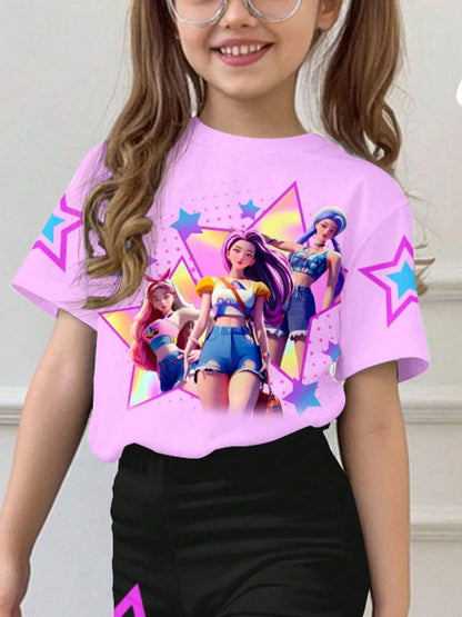 Girls' K-Pop "Nova Star" 2-Piece Set: Pink Idol Graphic Tee & Black Flare Pants