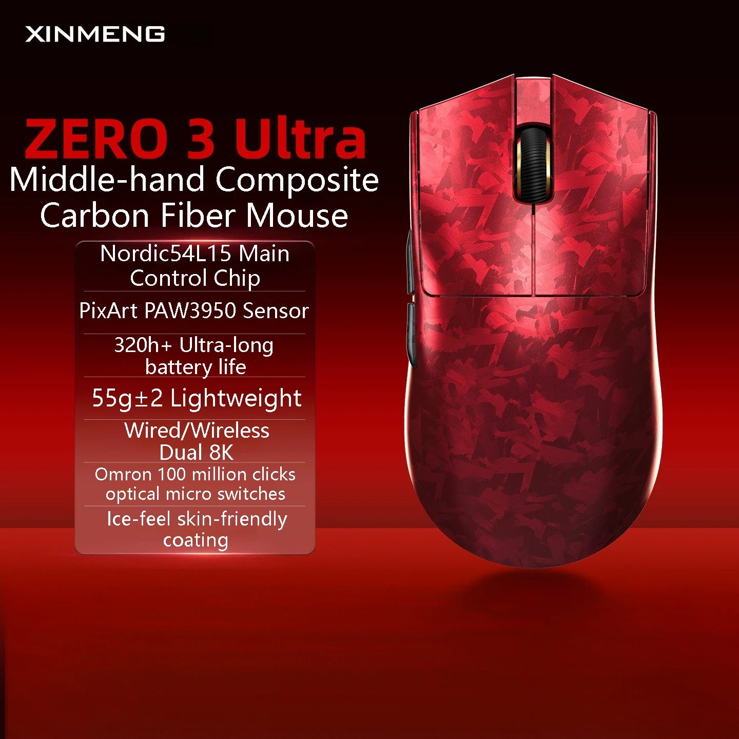 XINMENG ZERO 3 Gaming Mouse PAW3311/PAW3395/PAW3950 E-sport Sensor 1K/8K Polling Rate Carbon Fiber Case 500mAh Battery Wireless