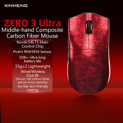 XINMENG ZERO 3 Gaming Mouse PAW3311/PAW3395/PAW3950 E-sport Sensor 1K/8K Polling Rate Carbon Fiber Case 500mAh Battery Wireless