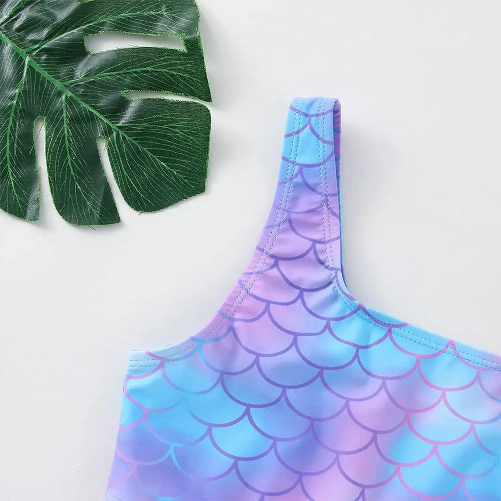 Girls' "Nature Love" Bikini Set: Mermaid Scale Pattern with Chibi Fox & Asymmetric Ruffles