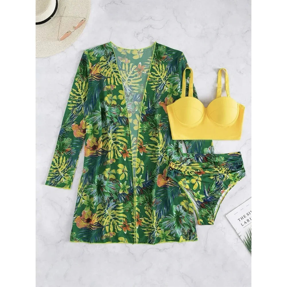 Three Pieces Bikini Set Cover Up Women 2023 New Push Up Twist Swimsuit Print Long Sleeve Swimwear Biquini Bathing Suit Summer