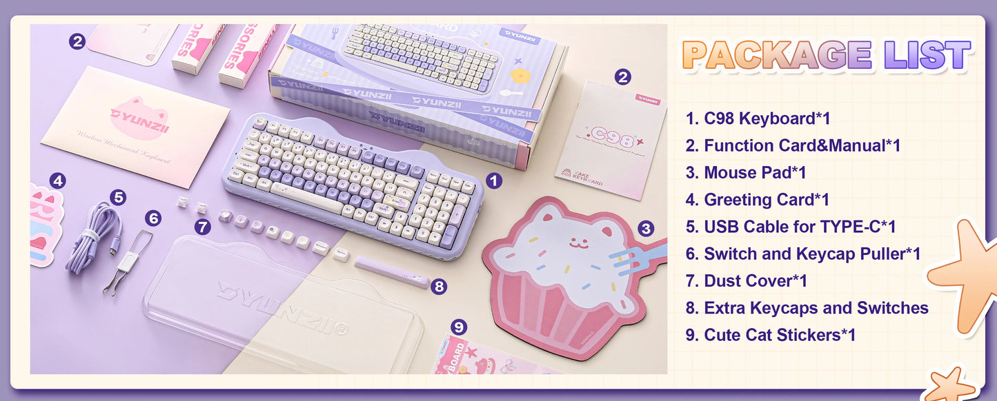 YUNZII C98 Wireless Mechanical Keyboard, 99-Key Hot Swap Gasket Keyboard with Numpad, Custom RGB Backlight,Cute Keeb for Win/Mac