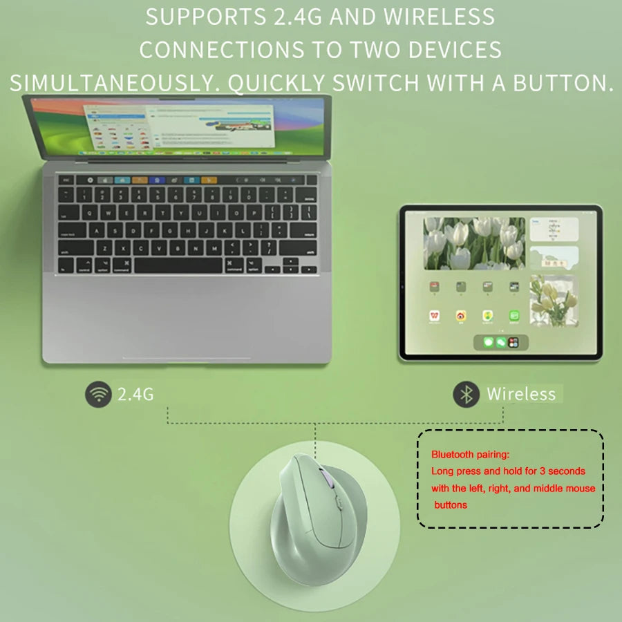 Ergonomic Bluetooth5.0&2.4G Wireless Vertical Mouse with Silent Button,Rechargeable 1600DPI Optical Mice for PC/Laptop/Desktop