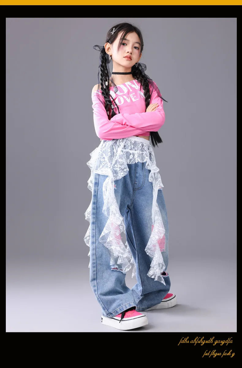 Girls Hip Hop Off Shoulder Crop Top ‌Street Dance Skirts Cargo Pants Children Streetwear Jeans Kids K-pop Girl Group Clothes Set
