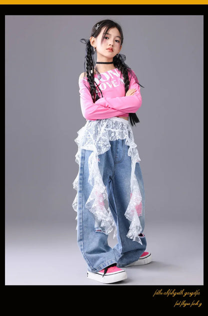 Girls Hip Hop Off Shoulder Crop Top ‌Street Dance Skirts Cargo Pants Children Streetwear Jeans Kids K-pop Girl Group Clothes Set