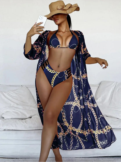 Three Pieces Bikini Set Cover Up Women 2023 New Push Up Twist Swimsuit Print Long Sleeve Swimwear Biquini Bathing Suit Summer