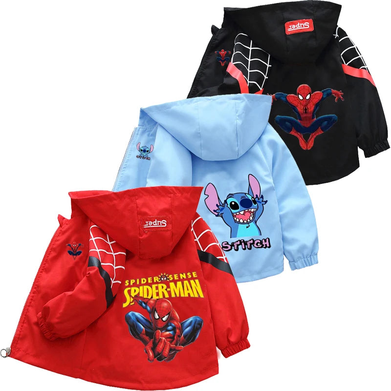 Boys Spiderman Hooded Jackets 1-10 Years Girls Spring Autumn Stitch Print Sports Coats Children Cartoon Outerwear Kids Clothes