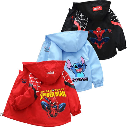 Boys Spiderman Hooded Jackets 1-10 Years Girls Spring Autumn Stitch Print Sports Coats Children Cartoon Outerwear Kids Clothes