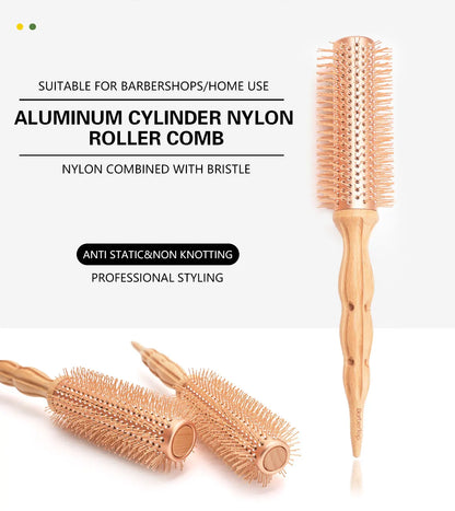 Professional Wood Round Curly Combs For Women Hairdressing Massage Brush Salon Barber Aluminum Tube Hair Styling Comb New Type