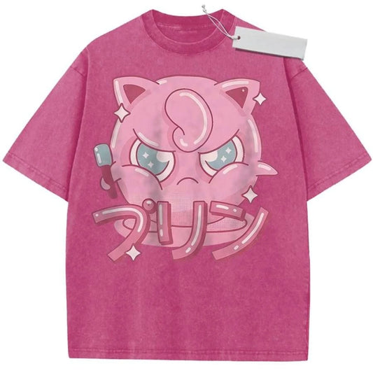 T Shirt Sports T Shirt Short Sleeve T Shirt Rose Red Unisex Pure Cotton Washed Vintage Pokemon Jigglypuff Anime Print