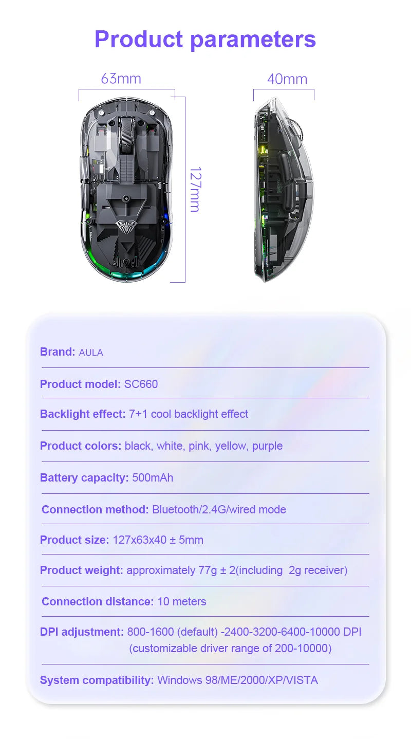 AULA SC660 Wireless Bluetooth Mouse E-sports Mouse Three-Mode Connection Lightweight Mouse Type-C Charging Game Office Girls Boy