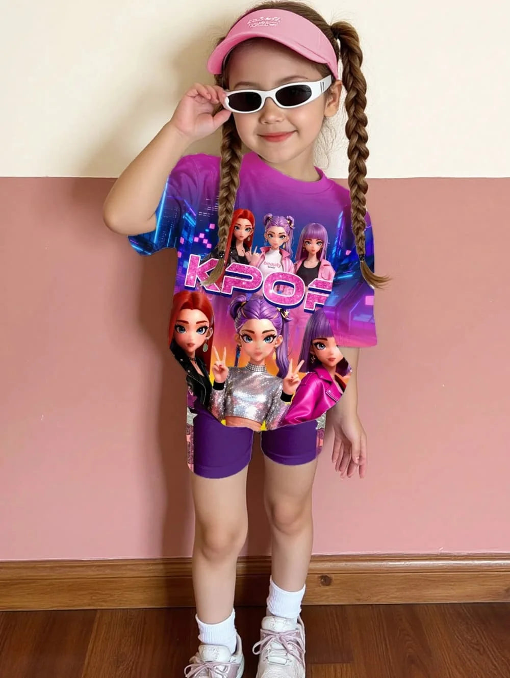 Kpop Cartoon Graphic New T-Shirt and Pants Set Girls' Summer Clothing Cute Short Sleeve Set Children's T-Shirt and Shorts Set
