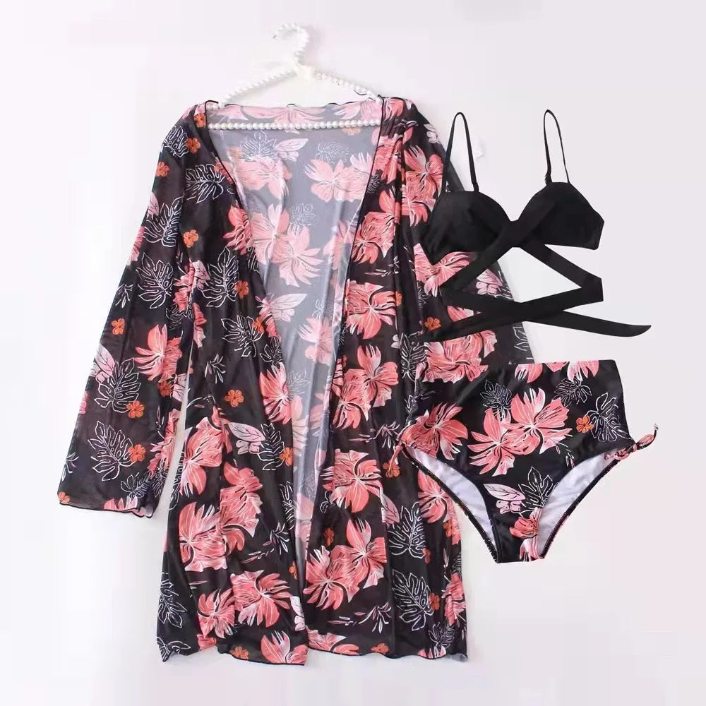 Three Pieces Bikini Set Cover Up Women 2023 New Push Up Twist Swimsuit Print Long Sleeve Swimwear Biquini Bathing Suit Summer