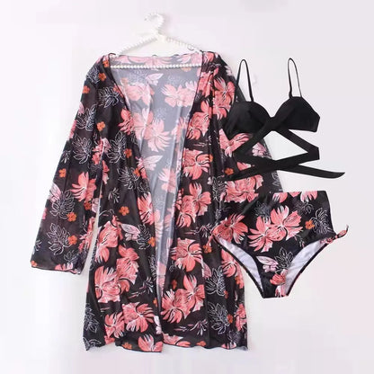 Three Pieces Bikini Set Cover Up Women 2023 New Push Up Twist Swimsuit Print Long Sleeve Swimwear Biquini Bathing Suit Summer