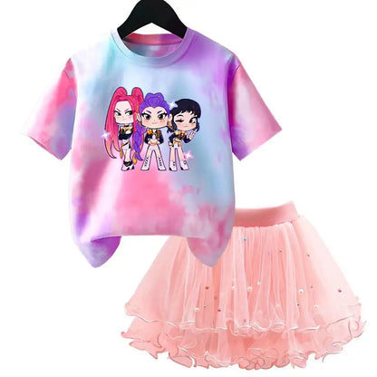 Girls' K-Pop HUNTRX Princess Set: Tie-Dye Graphic Tee & Pearl Tutu Skirt 2-Piece Outfit