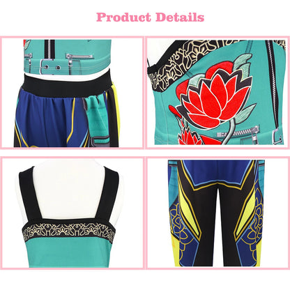 Official Zoey K-Pop Idol Cosplay Costume: 2-Piece Teal & Neon Stage Outfit for Girls