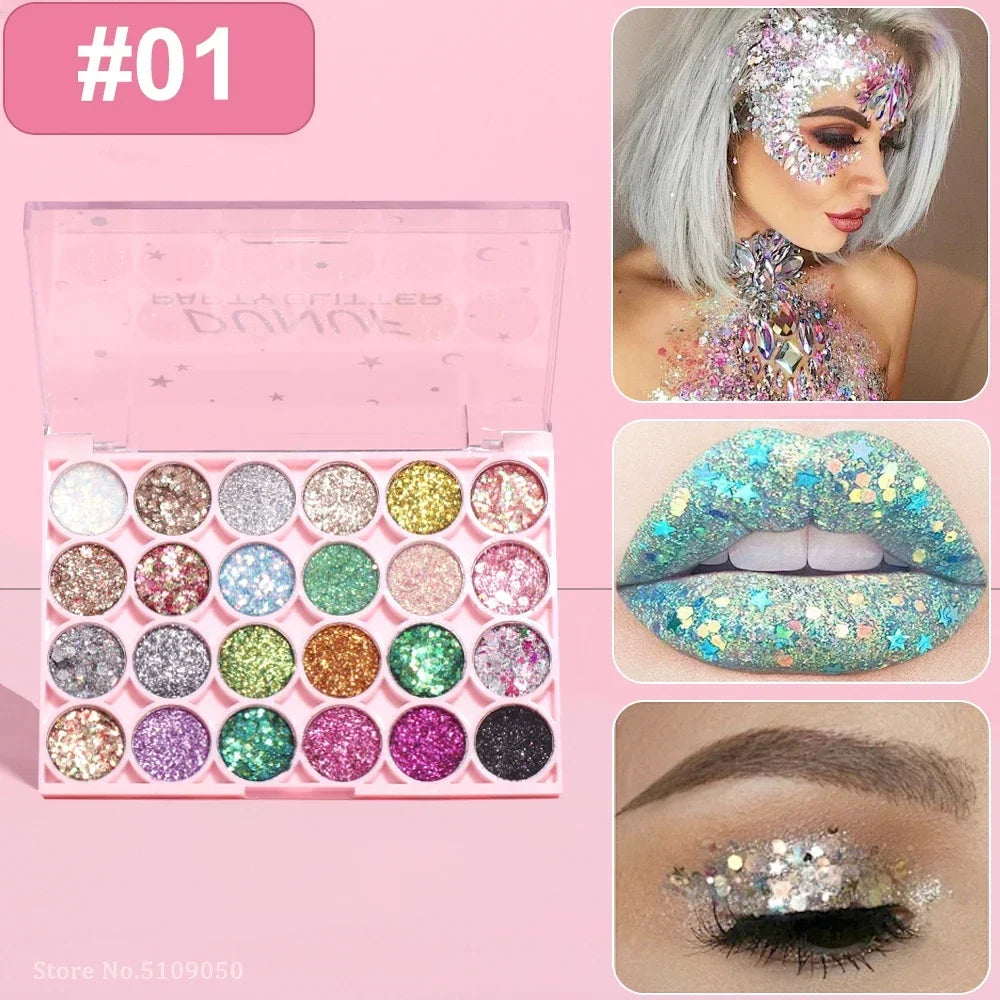 24Colors Body Face Glitter Gel Palette Waterproof Eye Hair Loose Sequins Eyeshadow Multifunctional Party Deco Makeup Cosmetics