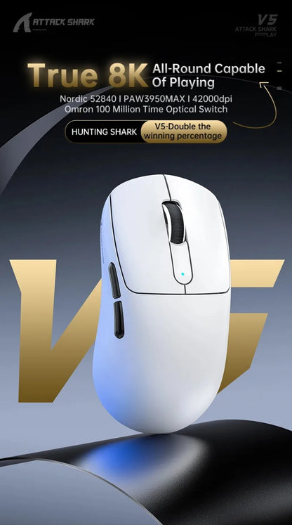 ATTACK SHARK V5 Wireless Gaming Mouse 3-Mode Ultra-Lightweight PAW3950MAX 8KHz Polling Rate For PC Gamer Accessories Gift