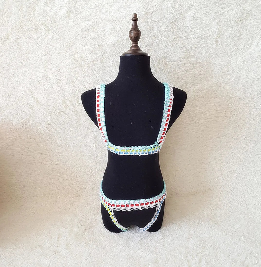 Bikini Crochet 2025 Handmade Knit Patchwork Reversible 2 Piece Swimsuit Women Halter Top Brazilian Bathing Suit Thong Swimwear