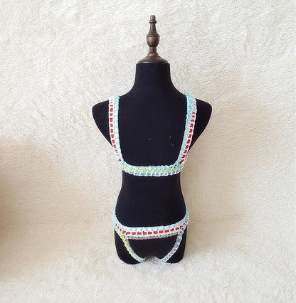 Bikini Crochet 2025 Handmade Knit Patchwork Reversible 2 Piece Swimsuit Women Halter Top Brazilian Bathing Suit Thong Swimwear