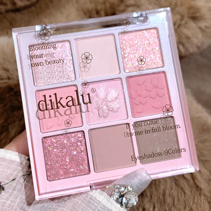 DIKALU 9-Color Sakura Eyeshadow Palette Glitter Matte Low Saturation Pink Brown Nude Makeup Shimmer Eye Pigments Long Lasting