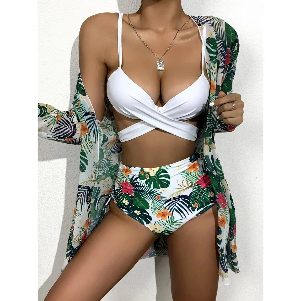 Three Pieces Bikini Set Cover Up Women 2023 New Push Up Twist Swimsuit Print Long Sleeve Swimwear Biquini Bathing Suit Summer