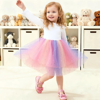 Girls' K-Pop Demon Hunters "Star Sparkle" Long Sleeve Tutu Dress: Rainbow Tulle Princess Gown
