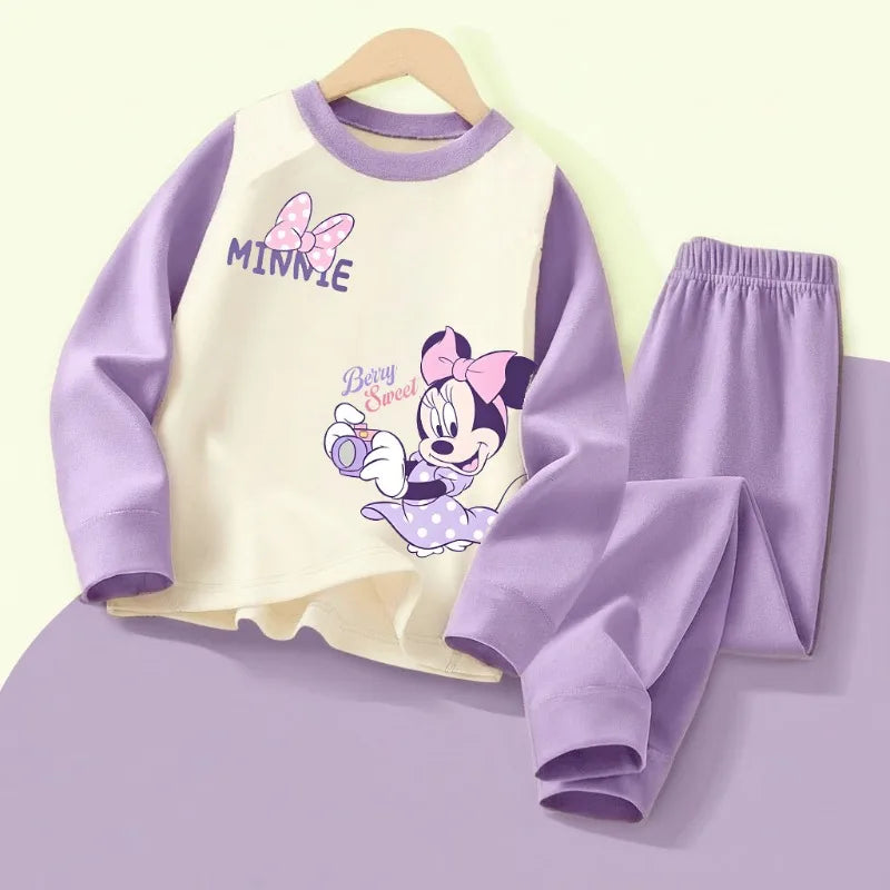 DISNEY MINNIE Printed Girls Casual Spliced Sleepwears Sets Autumn Winter Kids Comfy Soft Home Clothing Set Child Pijamas 0-10Y