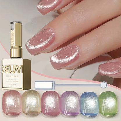 XEIJAYI 6-Color Magnetic Cat-Eye Gel Polish Set with Dual-Head Magnet Tool – Create Shimmering Nail Art with Ease