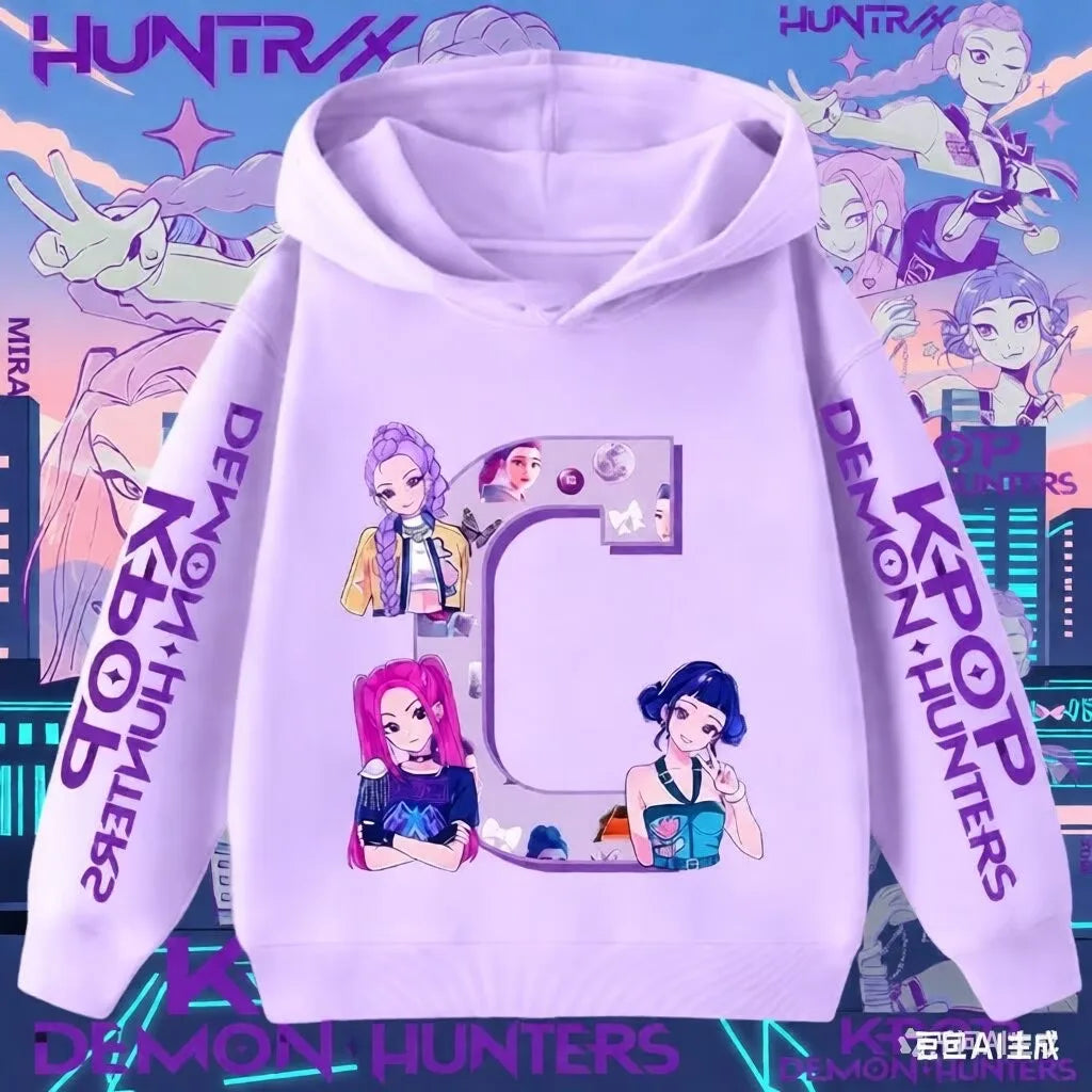 Hoodie for children with letters A-Z, Kpop Demon Hunters sportswear for girls, casual top for autumn and winter long sleeve