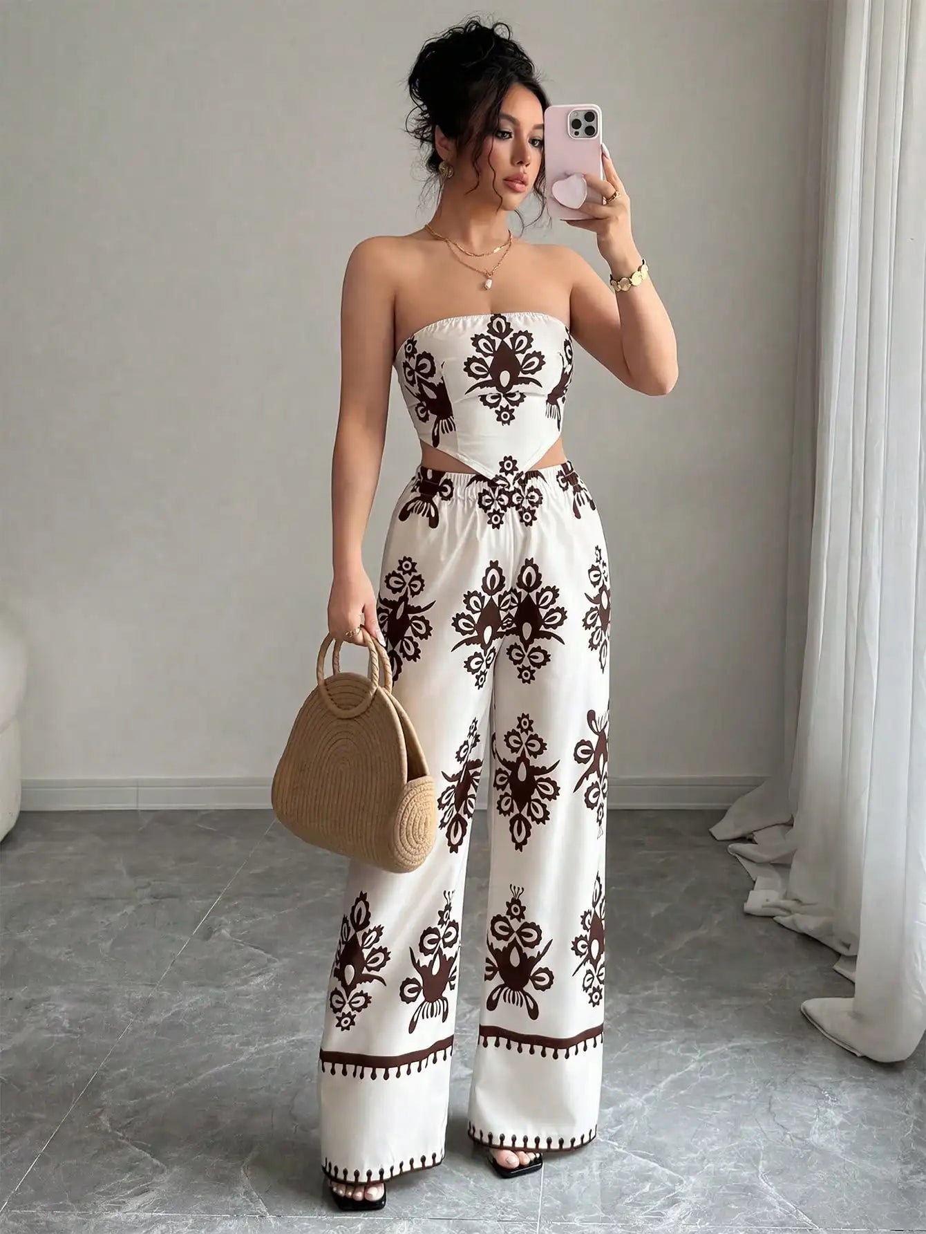 2pcs Set Halter Tie Bow Crop Top And Wide Leg Printed Pants For Women