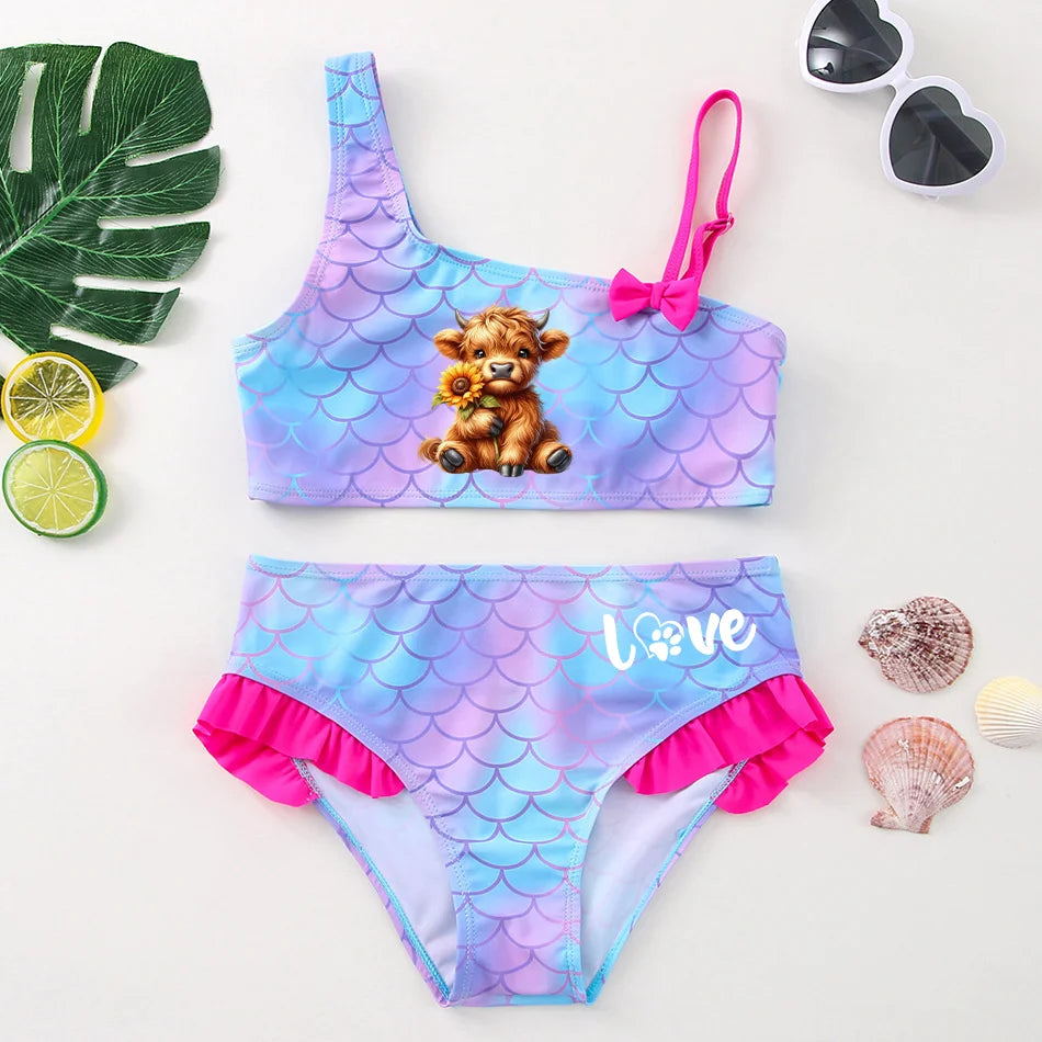 Girls' "Nature Love" Bikini Set: Mermaid Scale Pattern with Chibi Fox & Asymmetric Ruffles