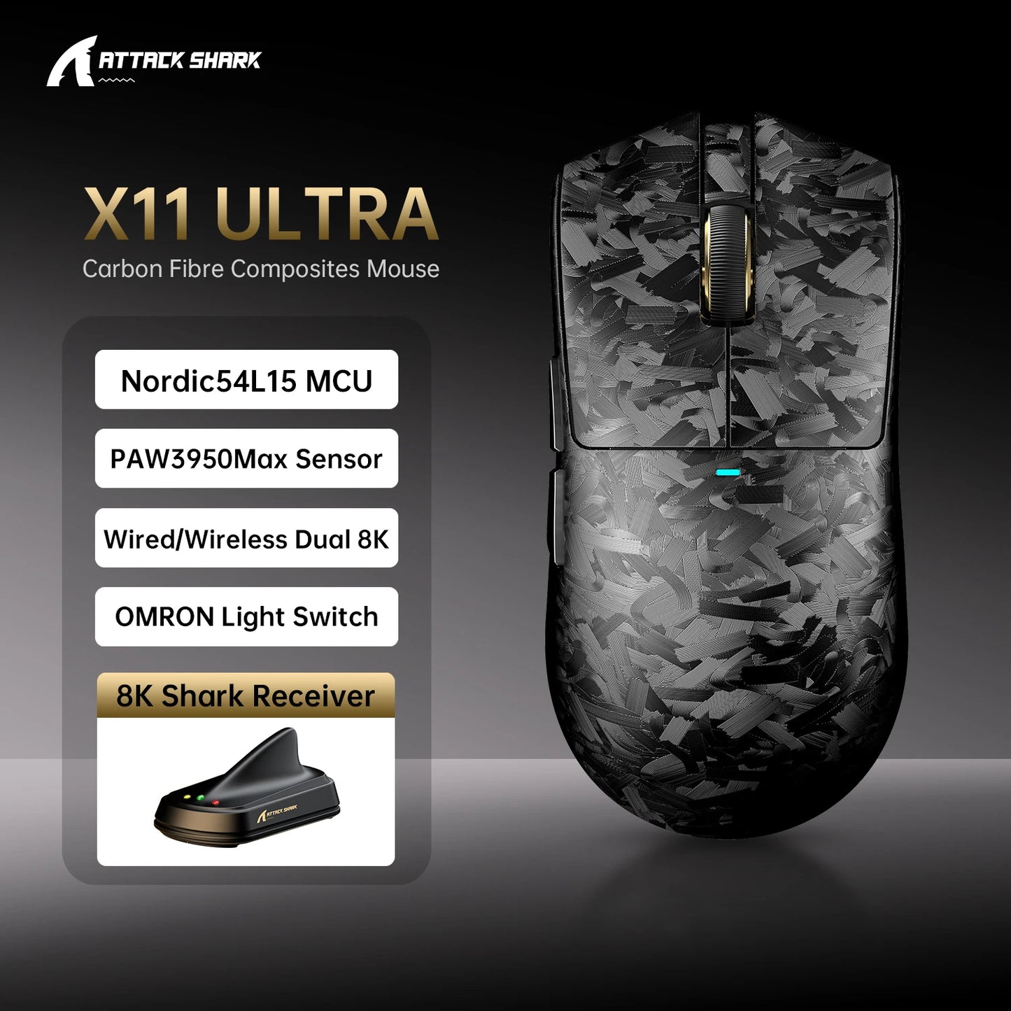 Attack Shark X11 Ultra 59g Superlight Wireless 8K Gaming Mouse Carbon Fiber Nano-Metal Ice Coating PAW3950MAX