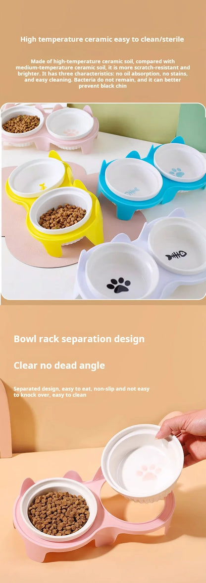 Cat bowl ceramic, cat food bowl double bowl drinking water, dog basin, pet oblique mouth to protect the cervical vertebrae