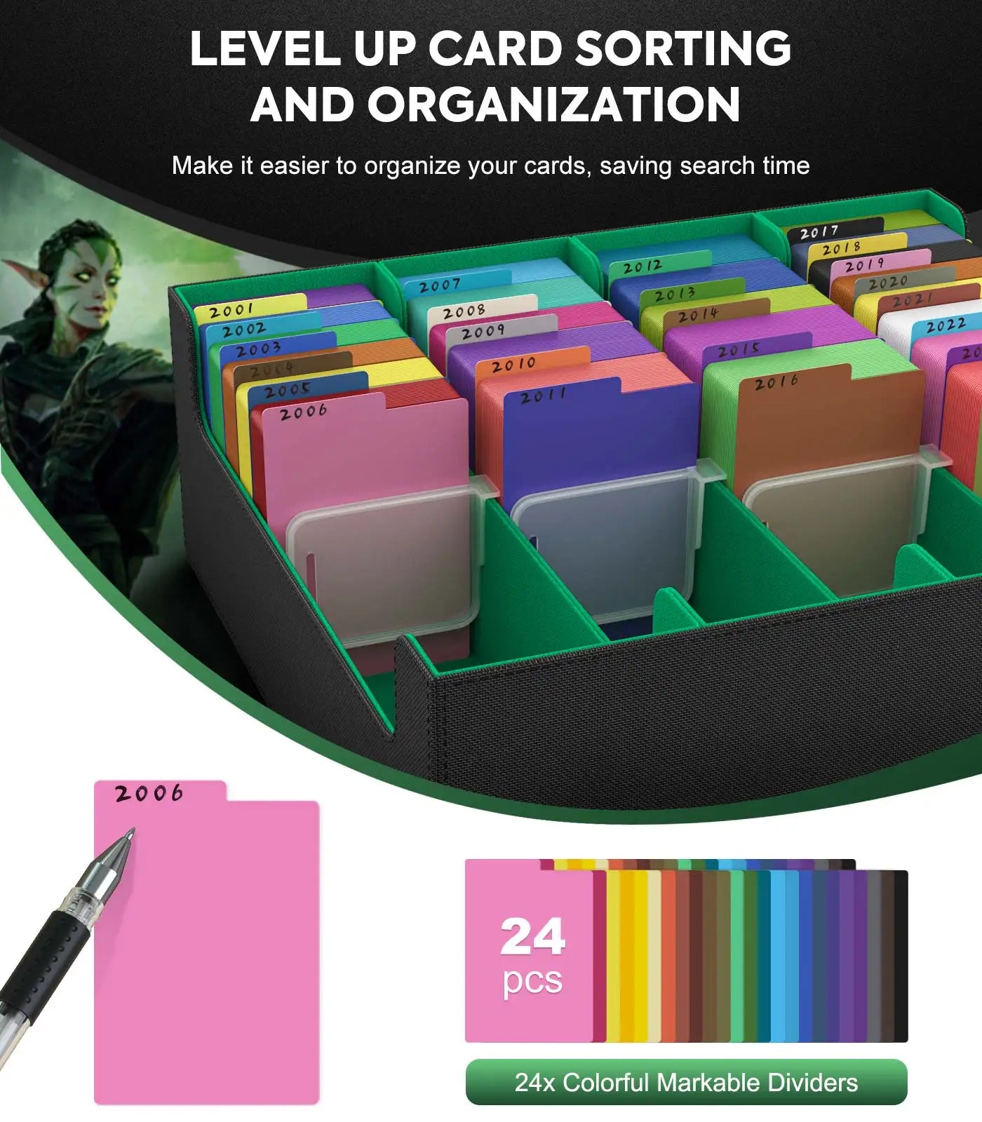 MoKo Trading Card Storage Box 3800+ MTG Deck Box with 24 Colorful Dividers & 5 Card Supporters 5 Row Commander Card Deck Box