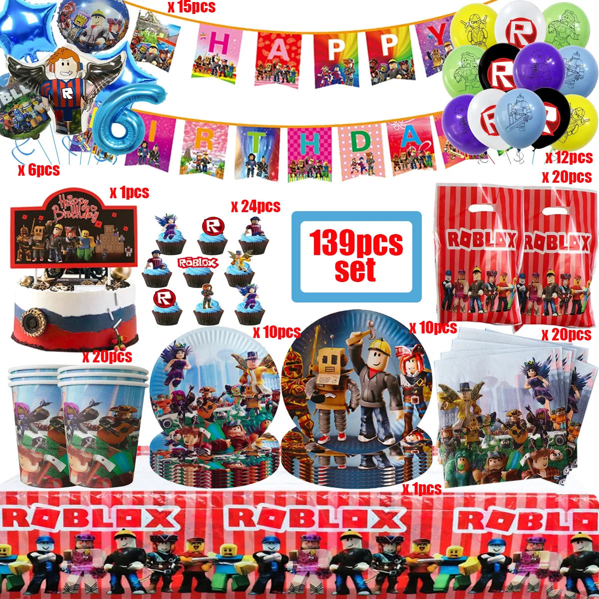 139PCS Roblox Birthday Decoration Party Kit Disposable Tableware Set Roblox Game Tablecloth Balloon Gift Bag Kids Party Supplies