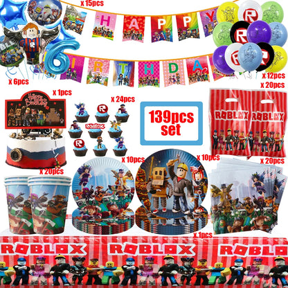 139PCS Roblox Birthday Decoration Party Kit Disposable Tableware Set Roblox Game Tablecloth Balloon Gift Bag Kids Party Supplies